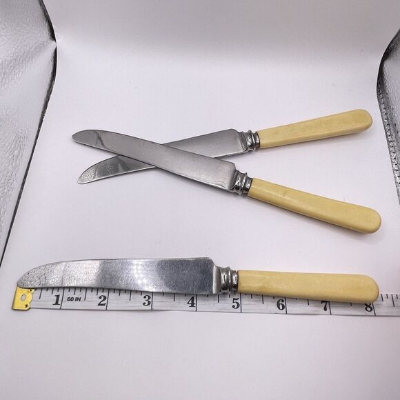 Bakelite Handle Yellow SHEFFIELD Butter Knife Set of 3 Lot MCM Vintage 8" - Picture 5 of 7